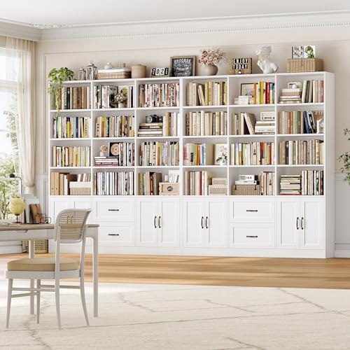 HOSTACK 71" Tall Triple Wide Bookshelf with Storage Drawers & Doors, Green | Large Bookcase with Cabinet, Modern 6-Tier Open Display Shelves, Wood Book Shelf for Living Room, Home Office