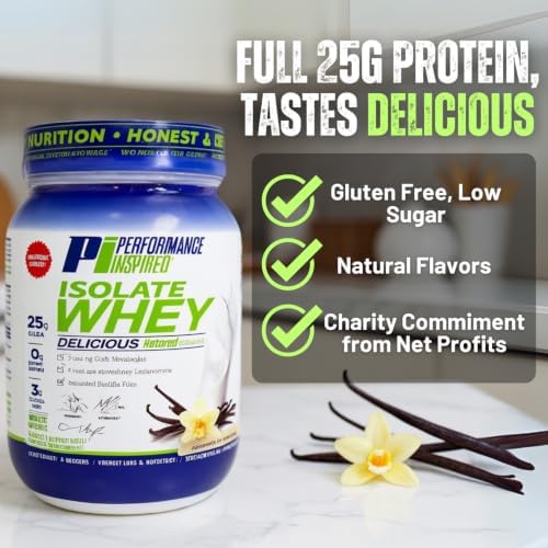 PERFORMANCE INSPIRED Isolate Whey Protein Powder – Vanilla – 25G – 2lb | All Natural - Fast Absorbing - Added L-Glutamine - Contains BCAAs
