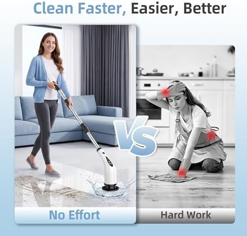 Electric Spin Scrubber, 3-Speed Flat End Brush with 8 Brush Heads & Base, IPX7 Waterproof, Adjustable Long Handle, Digital Display, 2500mAh Fast Charging, for Bathroom, Tub, Tile, Floor