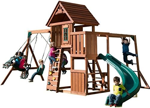 Swing-N-Slide PB 8272 Cedar Brook Wooden Swing Set Play Set with Two Swings, Slide, Monkey Bars, Picnic Table & Glider, Green