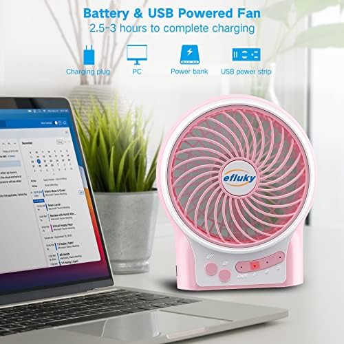 efluky 4.9-Inch Mini Desk Fan - 3 Speeds, Rechargeable Battery/USB Powered with LED Light, Quiet Portable Fan for Home, Office, Travel, Camping (Black)