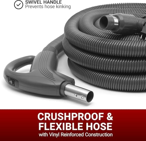 Broan NuTone by Drainvac 30FT Central Vacuum Hose for Electric Powerhead Brush – Crushproof Kink-Resistant Hose and 3-Position On/Off Switch –