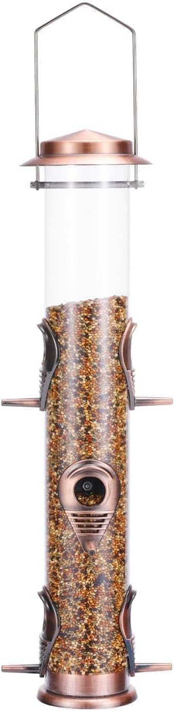 MIXXIDEA 1PK Metal Bird Feeders with 6 Feeding Ports, Tube Bird Feeder with Steel Hanger, Hard Plastic Wild Bird Feeder for Outdoors Hanging