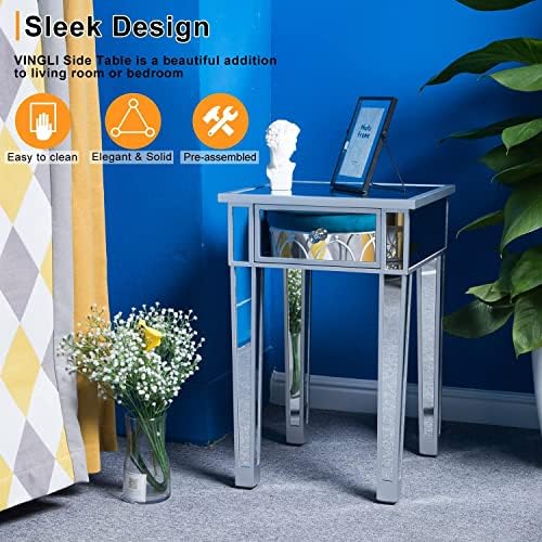 VINGLI Mirrored End Table with Drawer Silver Modern Nightstand/Bedside/Accent Table for Small Space, Living Room, Bedroom, 15.7" L x 15.7" W x 24" H