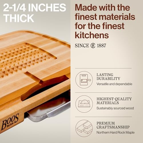 John Boos Maple Wood Cutting Board, 24”x18” – 2.25” Thick, 31-lb Reversible Wooden Butcher Block with Catch Pan, Sloped Juice Groove