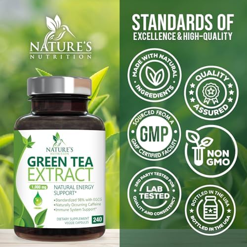 Green Tea Extract Capsules - 3X Strength Green Tea Extract 1000 mg Per Serving Pills with 45% EGCG & 98% Polyphenols for Natural Energy - Antioxidant Herbal Heart Support Supplement - 240 Capsules