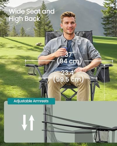 SONGMICS Camping Chair, Folding Oversized Chair, Comfortable and Heavy-Duty, 352 lb Weight Capacity, Adjustable Armrests with Cooler Bag, Storage Bag, Breathable Mesh, Bijou Blue UGCB060Q01