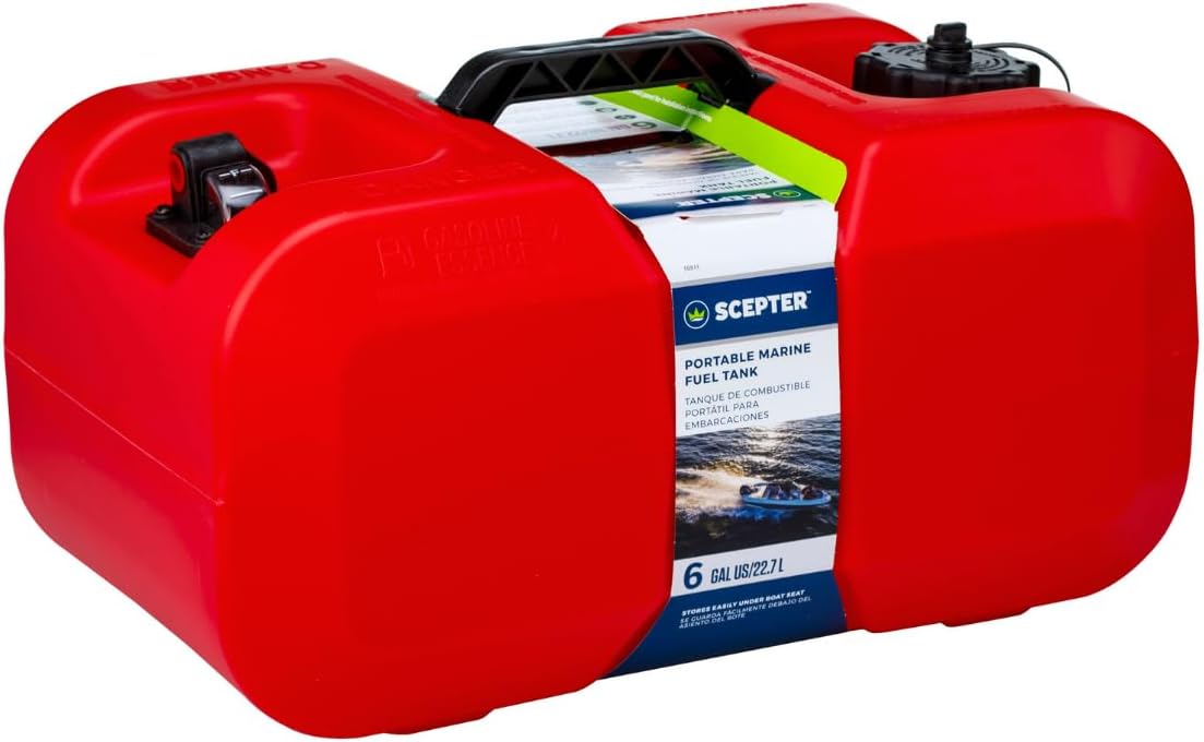 Scepter 6 Gallon Portable Marine Gas Can, Boat Fuel Tank with Top Handle | Underseat Design, 2-Way Vented Cap, Built-In Fuel Gauge and Pick-Up, EPA & CARB Compliant, 19.3"L x 12.2"W x 10.2"H (10511)