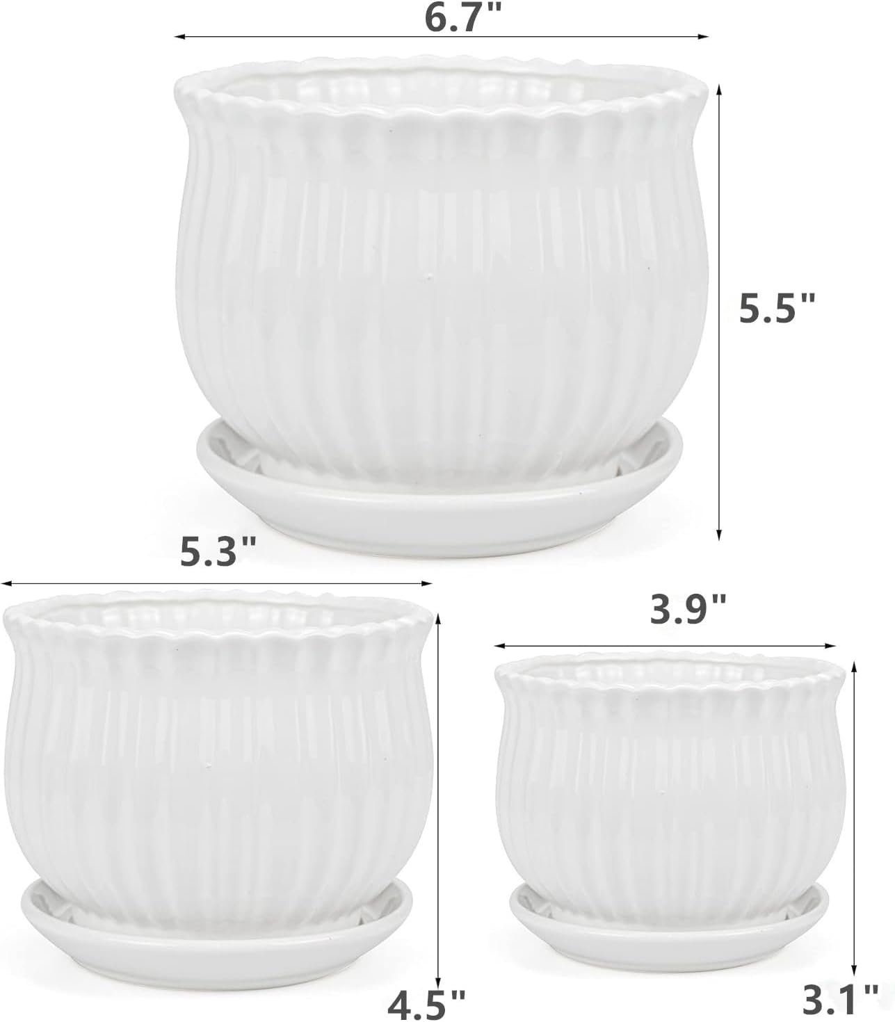 Yesland 3 Pack Ceramic Planter Pots, 3.9"/5.3"/6.7" Modern Round Flower Pots with Drainage Holes & Saucers, Small Indoor Planters for Succulent Cactus
