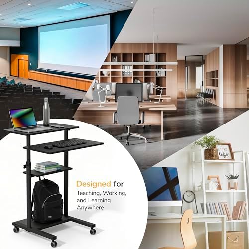 Mount-It! Black Rolling Standing Desk, Adjustable Height up to 54.7", Portable Laptop Podium Desk on Wheels, Mobile Computer Workstation with 4 Shelves 27.5" Wide, Cart for Home Office or Classroom