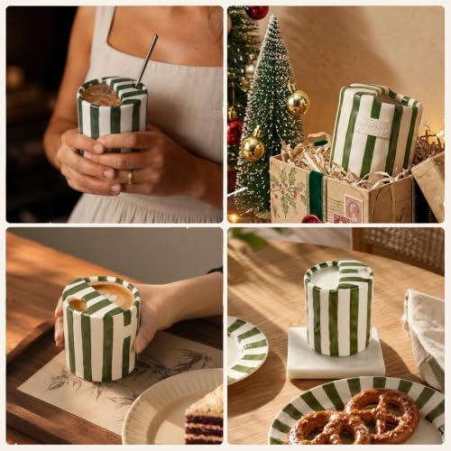 Ceramic Coffee Mug with Sip Hole Striped Travel Espresso Cup with Sleeve | Retro Hand-Painted Multiple Use