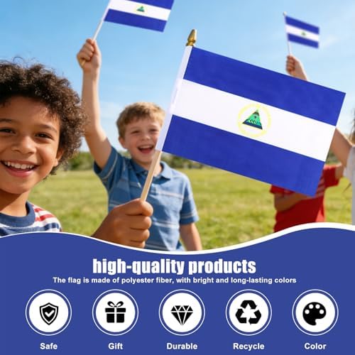 12 Pack Nicaragua Miniature Small Wooden Stick Flags Nicaraguans Mini Handheld Flag Patio Lawn & Garden Outdoor Decorations,8x5 Inch
