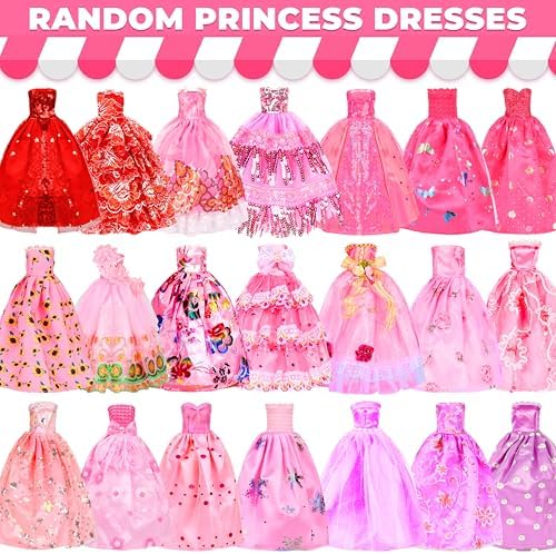 195 Pcs Doll Clothes and Accessories Kit, Include Princess Gowns, Fashion Skirt, Slip Dresses, Tops, Pants, Bikini Swimsuits, Shoes, Crowns