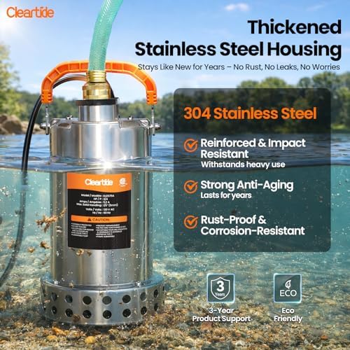 Stainless Steel Submersible Utility Water Pump, 3/4 HP 3780 GPH, Thermoplastic Portable Plug & Work, Ideal for Pool, Flooded Basement, Hot Tub, Pond & Garden Draining, 10 FT Cord