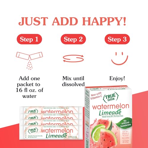 True Lime Watermelon Limeade Powdered Drink Mix Packets, 10 ct (12-pack) | Non-GMO, gluten free, low calorie water enhancer, no artificial sweeteners
