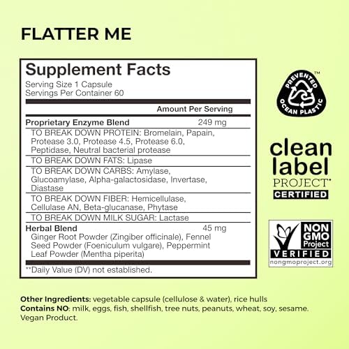 HUM Flatter Me Digestive Enzymes, Digestion & Bloating Support, 60 Count | 18 Digestive Enzymes, Ginger, Peppermint & Fennel, Women & Men, Vegan, Non-GMO, 60 Capsules
