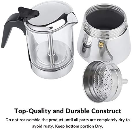 Geesta Premium Crystal Glass-Top Stovetop Espresso Moka Pot - 4/6/ 9 Cups - Stainless Steel Coffee Maker- 160ml/5.6oz/4 cup (espresso cup=40ml)