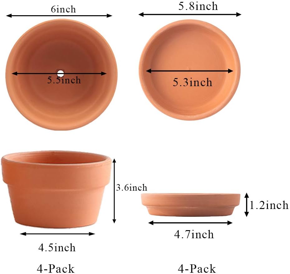 Yishang 6 Inch Terracotta Shallow Planters with Saucer/Tray, Ceramic Flower Clay Plant Pots with Drainage Hole