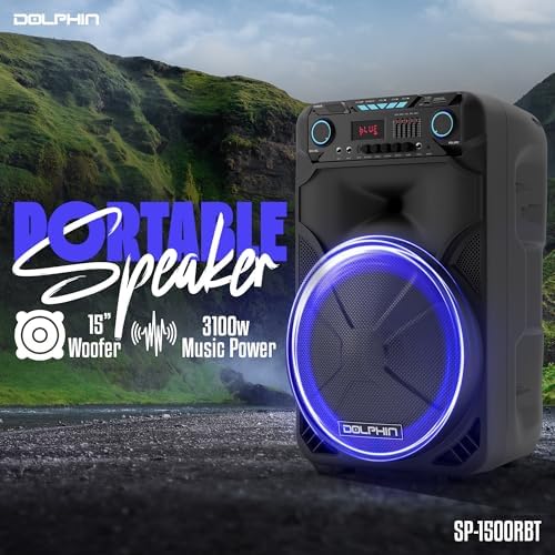 Dolphin Large Bluetooth Party Speaker with Wired Microphone, 15" Woofer | 140W Output, WaveSync Pairing, X-Bass, Digital EQ, USB, SD, FM & AUX Inputs