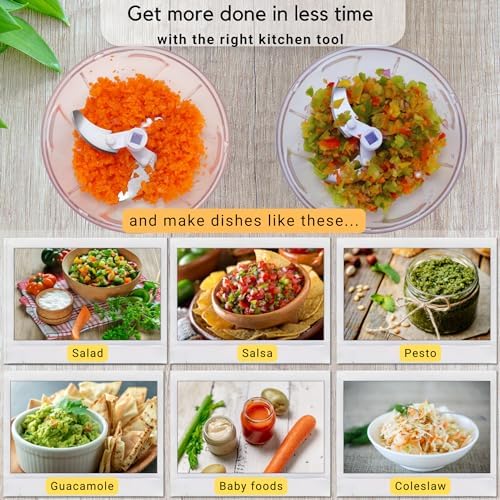 Brieftons QuickPull Manual Food Chopper, 4-Cup Hand Pull String Chopper, No Electricity, Chops Onion Tear-Free, Garlic, Vegetables, Herbs, Nuts for Salsa, Guacamole, Pesto, Baby Food, RV, Camping