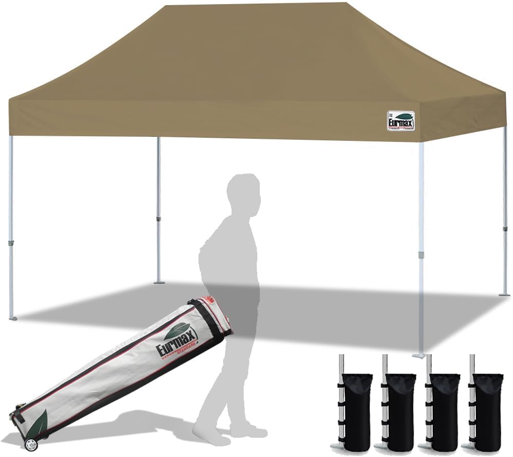 Eurmax USA 10x10ft Pop Up Canopy,Commercial Instant Tent for Outdoor Events,Patented No-Tip Rolling Storage Bag with 4 Sandbags,UV & Water Resistant,Heavy Duty Portable Shelter Gazebo,Black