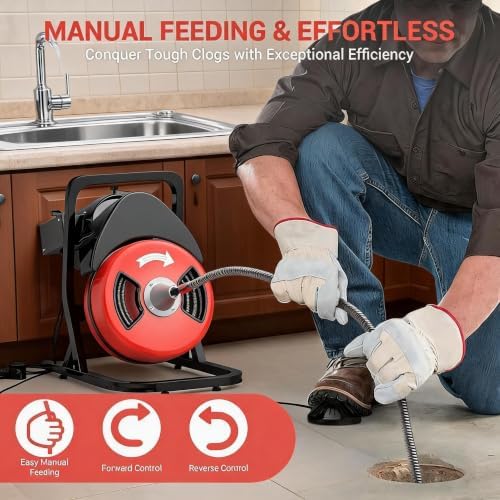 100Ft 3/4 Inch Drain Cleaning Machine. Sewer Snake 750w Auto Feed | Portable Drain Cleaning Machine Electric Drain Auger Sewer Auger with 6 Cutter Air-Activated Foot Switch for 4" to 8" Pipes