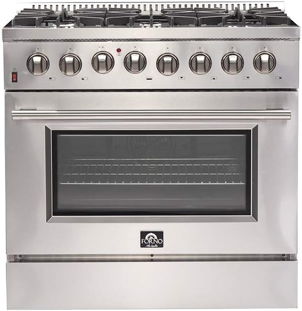 FORNO Galiano Dual Fuel 36" Inch. Freestanding Range 6 Sealed Brass Burners Cooktop - 5.36 Cu. Ft. Convection Electric Oven - Stainless Steel Stove