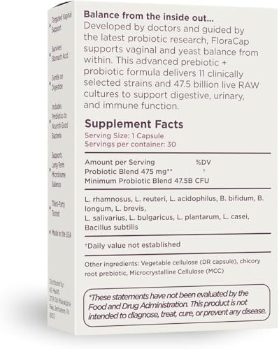 FloraCap Vaginal Probiotics for Women Health, 30 Oral Capsules | Reduce Odor, Itching, & Discomfort, pH-Balanced Formula, Urinary Tract & Healthy Vaginal Flora, Made in USA