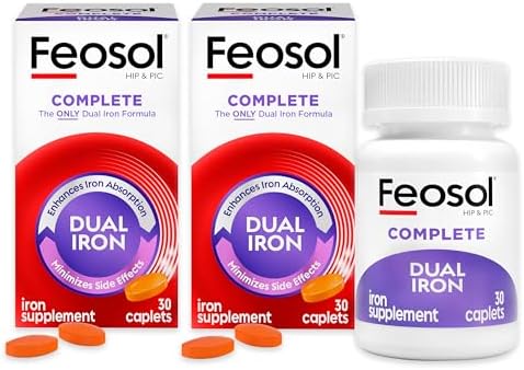 Feosol Complete Iron Supplement Caplets, Bifera Iron for High Absorption, Heme and Non-Heme Dual Action Minimizes Side Effects, 1 Per Day, for Energy and Immune System Support, Made in USA, 30 Count