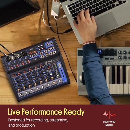 Pyle 8 Channel DJ Audio Mixer, Bluetooth, DSP FX, USB, Audio Interface | +48V Phantom Power, 16Bit DSP Processor, USB-A MP3 Player