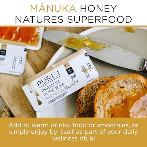 PURITI Genuine Raw Manuka Honey Snaps On The Go - UMF 10+ (MGO300+) 21 x 0.18oz Individual Snap Packets, Single Serve Honey Sticks for Tea