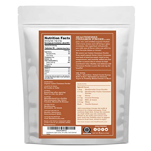 Healthworks Superfoods Organic Ceylon Cinnamon Powder 1 lb Ground Raw Vegan | Organic, Ceylon, Ground, Blood Sugar Support, Non-GMO, Vegan, Keto, For Baking, For Cooking, For Tea, Anti-Inflammatory