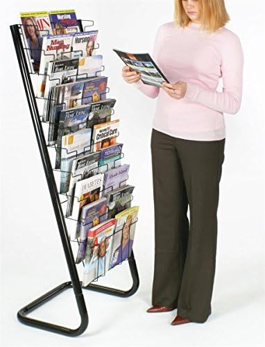 Displays2go Floor-Standing Wire Magazine Rack, 20 Pockets, Black | Tiered Literature Display Stand, For Magazines & Brochures, WFM1020A