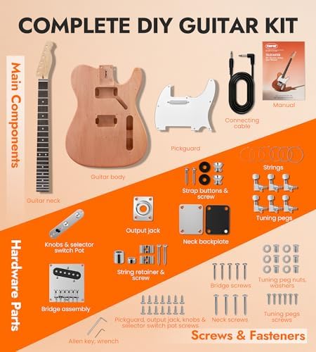 Tostar DIY Electric Guitar Kit, Solderless, Multi Sanded Polished Body, ST | Mahogany Body, Canadian Maple Neck, SSS Pickups, 6 String Tremolo Bridge, Complete Accessories, Hands On Learning