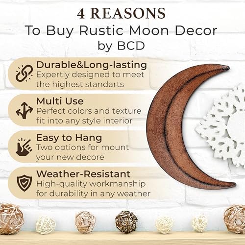 BCD Rustic Moon Outhouse Bathroom Decor 12" Large - Primitive Wall Art Outhouse Sign for Door - Rusty Metal Crescent Decorations - Country &