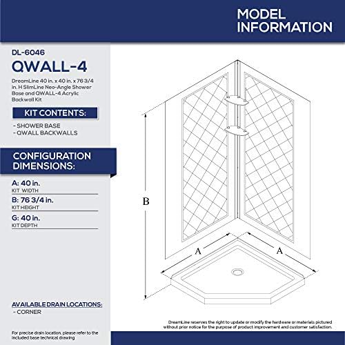 DreamLine 36 in. x 36 in. x 76 3/4 in. H Neo-Angle Shower Base and QWALL-4 Acrylic Corner Backwall Kit in White, DL-6044C-01