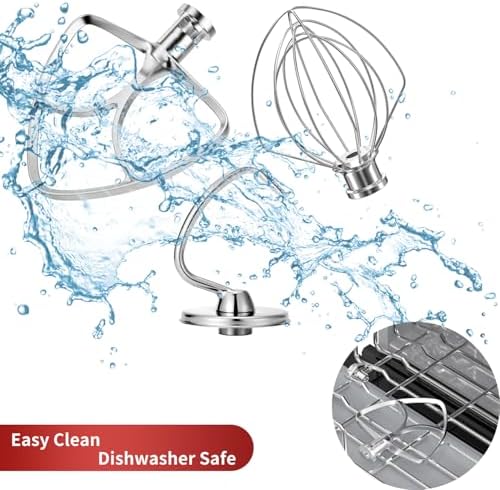 Stainless Steel Stand Mixer Attachments 3-Piece (4.5-5QT Flat Beater, 4.5-5QT Dough Hook, K45WW 6-Wire Whip Attachment) for KitchenAid Tilt-Head Stand Mixer and 4.5-5 Quart Bowl, Dishwasher Safe