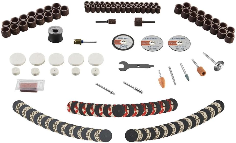 Dremel 160-Piece Rotary Tool Accessory Kit with EZ Lock Technology - 1/8" Shank - Cutting Bits, Polishing Wheel and Compound, Sanding Drums and Sanding Discs (710-08) | EZ Lock technology, cutting, polishing and sanding accessories