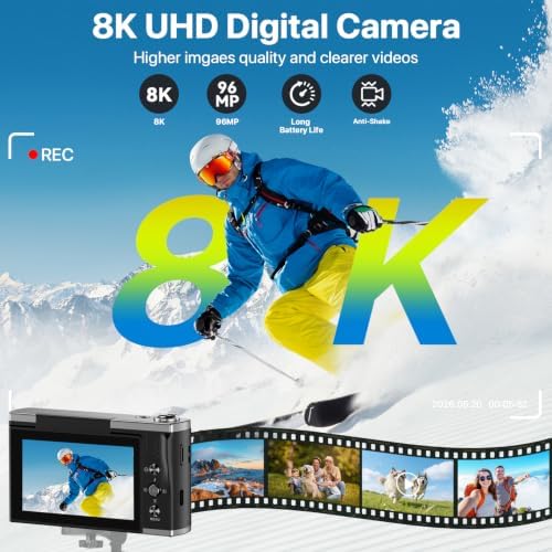 8K Digital Camera for Photography with WiFi 96MP Autofocus Vlogging Camera for YouTube Video 3.5'' 180°Flip Screen 20X Zoom Anti-Shake Compact