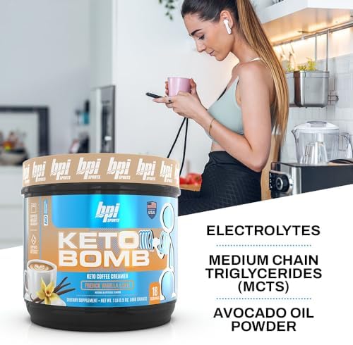 BPI Sports Keto Bomb Coffee Creamer - Supports Energy and Hydration - MCT and Electrolytes - with Calcium - Caramel Macchiato, 18 Servings