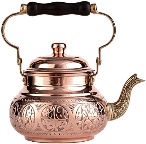 DEMMEX Handmade Engraved 1mm Thick Solid Uncoated Copper Tea Pot Kettle Stovetop Teapot, 1.6-Quart
