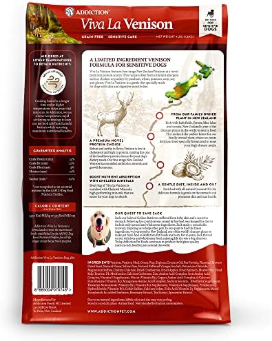 Addiction Viva La Venison Dog Food – Grain-Free Dry Dog Food with Novel Protein & Prebiotics, No Chicken, Beef, or Turkey – Ideal for All Dogs & Puppies – Made in New Zealand 4lb