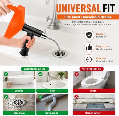 33 Feet Drain Snake Auger, Plumbing Snake Drain Hair Clog Removal Tool, Sink Unclogger Drain, Heavy Duty Drum Auger