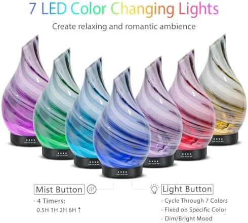 Aromatherapy Essential Oil Diffuser for Home- Art Glass Diffuser for Essential Oils with Waterless Auto Shut-Off 4 Timer 7 Colors LED Night Light