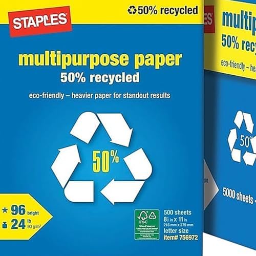 Staples 100% Recycled Printer Paper Bright White Copy/Fax/Laser/Inkjet, 500 Sheets