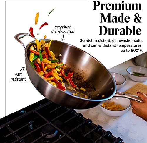 Willow & Everett Stainless Steel Flat Bottom Wok Pan, Professional Traditional Stir Fry Cookware w/Domed Lid & Spatula