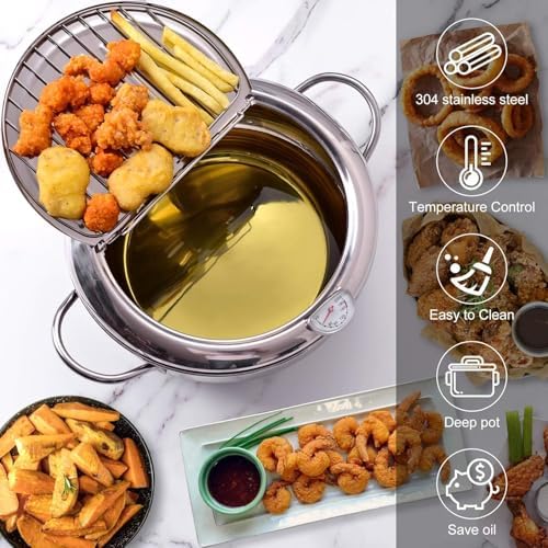 cuomaop Deep Fryer Pot, 304 Stainless Steel Japanese Frying Pot with Oil Drain, Temperature Control and Lid