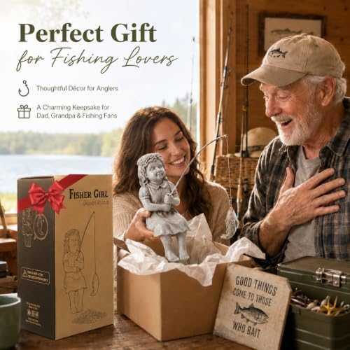 Goodeco Fisherboy Statue Garden Decor - 11" Little Fishing Guy for Koi Pond or Waterfalls, Poolside Statue with Glow in Dark Pebbles Included