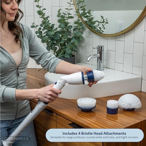 Casabella Power Spin Scrubber, Extendable to 47.5” – Cordless Electric Cleaner for Shower, Kitchen, Bathroom, Tile, Tub, Car, Deck - Rechargeable Spin Brush with Adjustable Brush Head & 4 Attachments