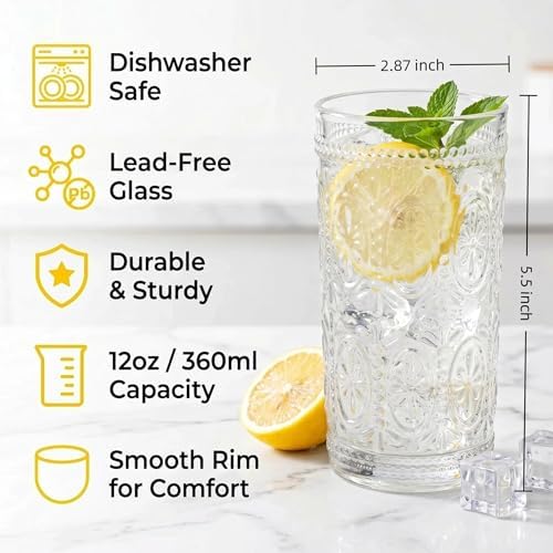 Bekith 6 Pack Romantic Drinking Glasses, 12 oz Highball Glasses, Thick Water Glasses, Tall Glass Cups for Beverages, Beer, Cocktail
